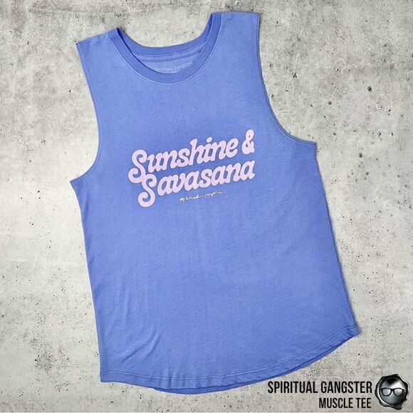 SPIRITUAL GANGSTER SUNSHINE & SAVASANA MUSCLE TEE IN PERIWINKLE BLUE WOMEN SMALL - Picture 1 of 11